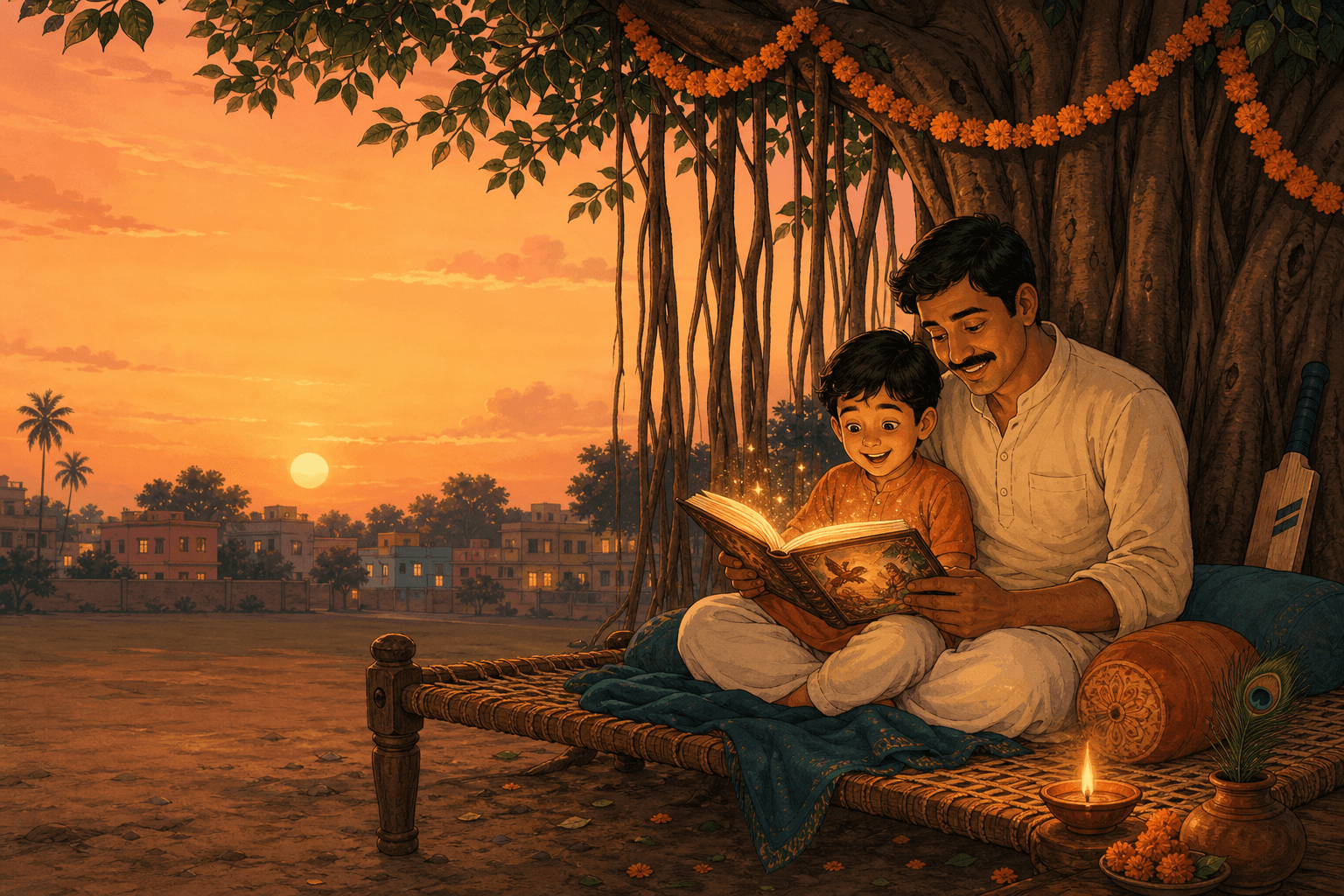 Parent and child reading a storybook under a banyan tree at dusk